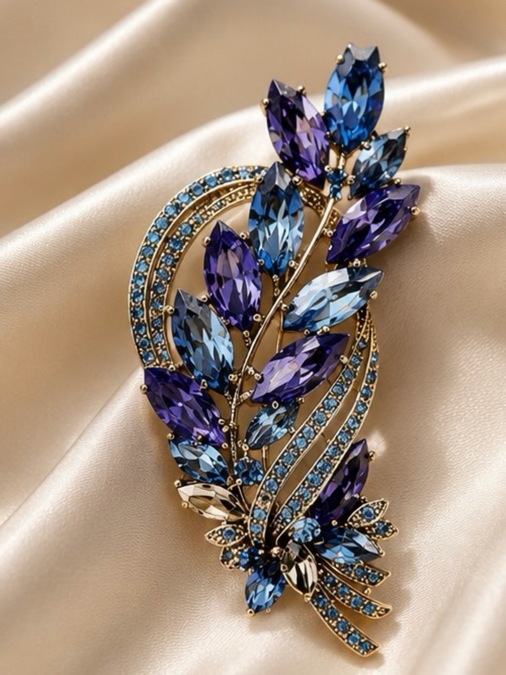 Royal Sapphire Amethyst Crystal Floral Brooch - Picture 2 of 4